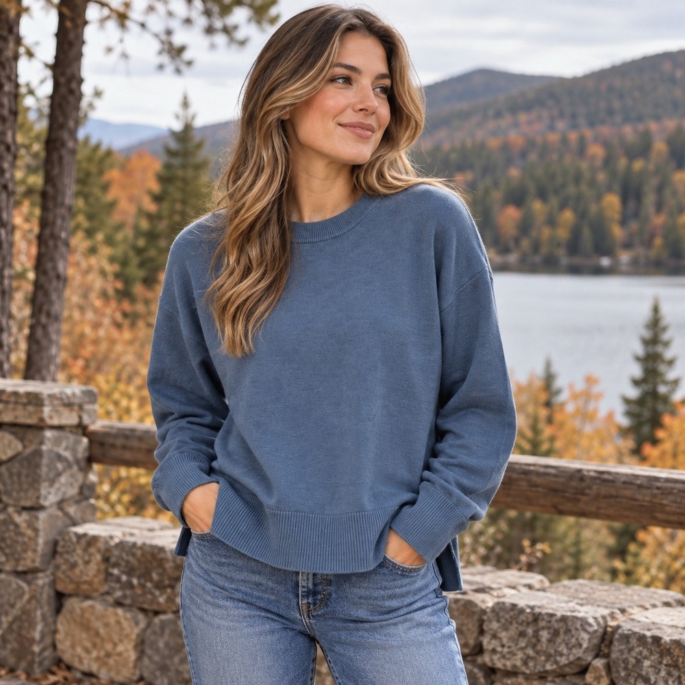 LL Bean Womens XL Blue Cotton Cashmere Crewneck Sweater Oversized 523224